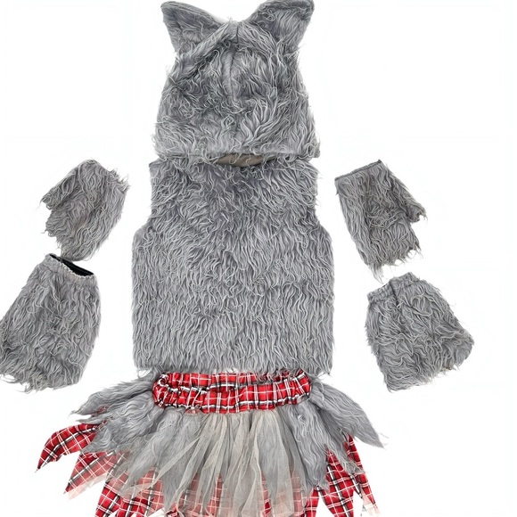 Girls Werewolf Fur Costume Size Small 5-7 Includes Hat Skirt Gloves Shoe Covers - Picture 2 of 6